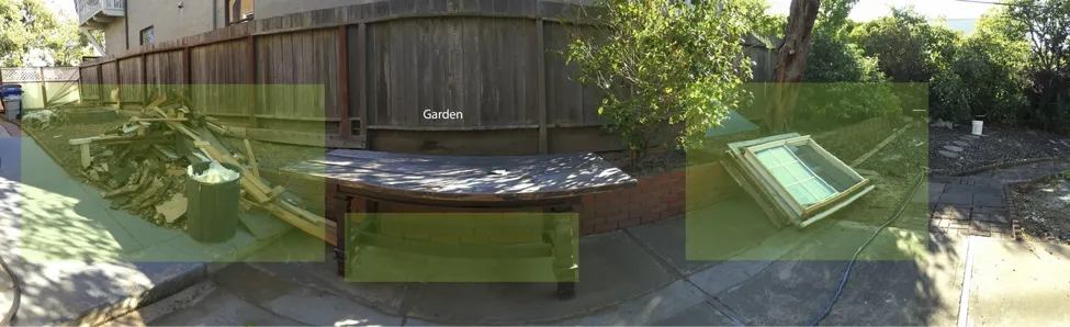 Green area overlay of 360 image of backyard