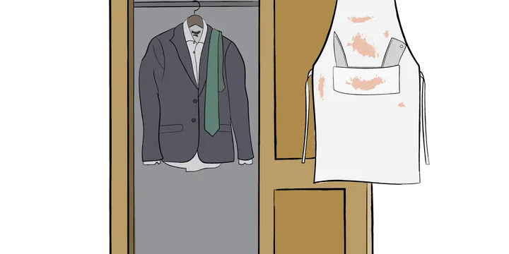 Joe leaves his suit in the closet and wears a butcher's apron