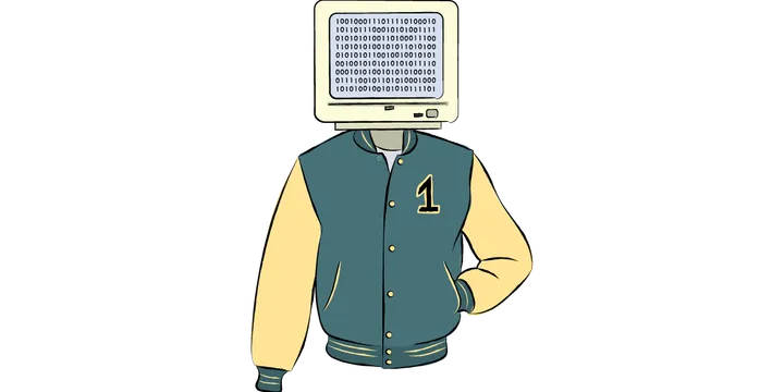 Simon wearing letterman with head as computer screen